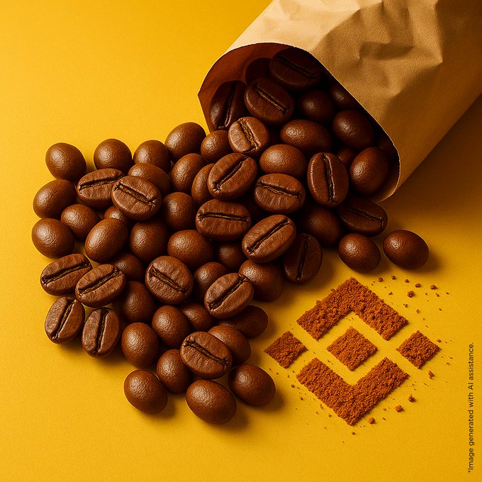 A vibrant image of glossy brown coffee beans spilling from a kraft paper bag onto a yellow background, accompanied by a geometric logo made from ground coffee powder. The composition visually represents the Binance-branded coffee beans highlighted in the accompanying post about GM's featured coffee selection.