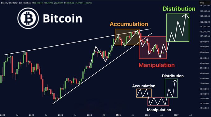 A Bitcoin (BTC) candlestick chart from Coinbase illustrating market cycles labeled with Accumulation, Manipulation, and Distribution phases across 2021-2027, currently priced at $54,699.69.