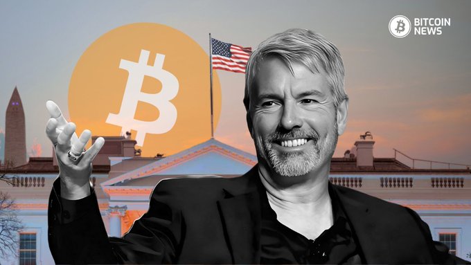 The image features a smiling man in a black suit gesturing with his hand, with a Bitcoin logo, an American flag, and the White House in the background, accompanied by "BITCOIN NEWS" branding—visually reinforcing Michael Saylor's quote about how institutions and markets work together to drive prosperity.