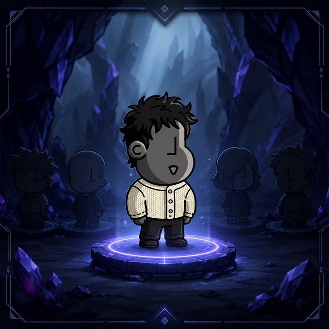 A cartoon-style avatar of a character with black hair and a white cardigan stands on a glowing circular platform in a dark, crystalline cave, surrounded by shadowy figures.