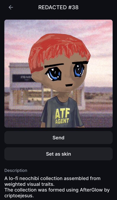 A mobile app screen titled 'REDACTED #38' displays a chibi-style character with red hair wearing a shirt that reads 'ATF AGENT', with options to Send or Set as skin, and a description noting it as a lo-fi neochibi collection created using AfterGlow.
