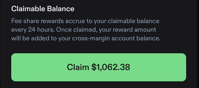 A "Claimable Balance" interface showing a green "Claim $1,062.38" button, with text explaining that fee share rewards accrue to the claimable balance every 24 hours and, once claimed, are added to the cross-margin account balance. This visual reinforces the post's claim of daily rewards for trading, illustrating an example of the $1,062.38 payout users can collect by simply trading on phoenix.trade.