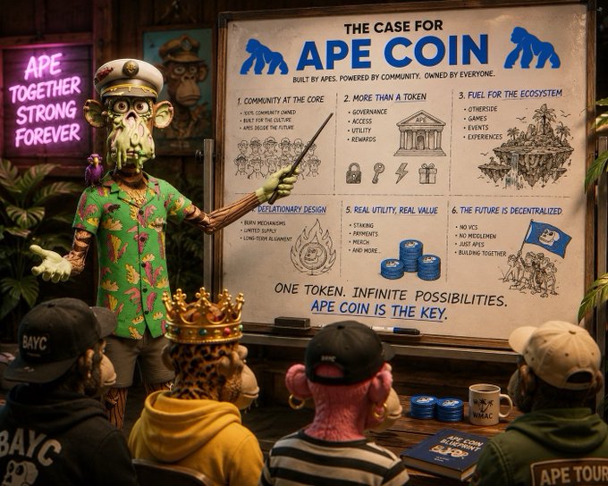 An AI-generated classroom scene where a teacher in a floral shirt points to a whiteboard displaying 'THE CASE FOR APE COIN' in front of a class of cartoon students.
