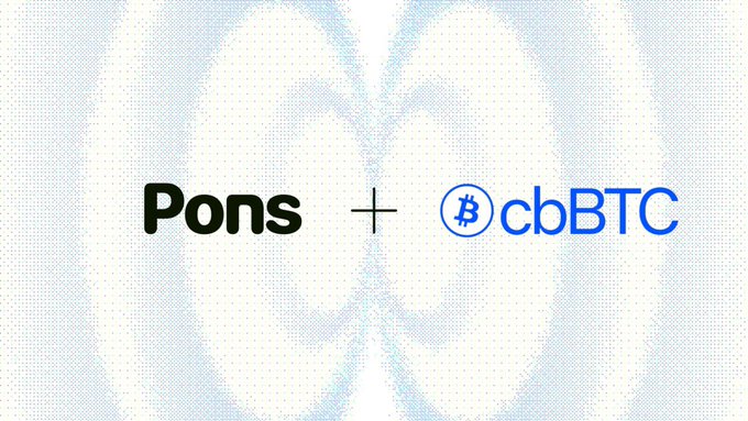The image displays a partnership announcement graphic featuring the "Pons" logo in bold black text next to a plus sign and the "cbBTC" logo (with a blue Bitcoin "B" symbol), set against a halftone-patterned light blue background. This visual supports the post's announcement that cbBTC trading pairs are now live on Pons, enabling users to launch tokens paired with Coinbase's Bitcoin-backed cbBTC on Robinhood Chain.