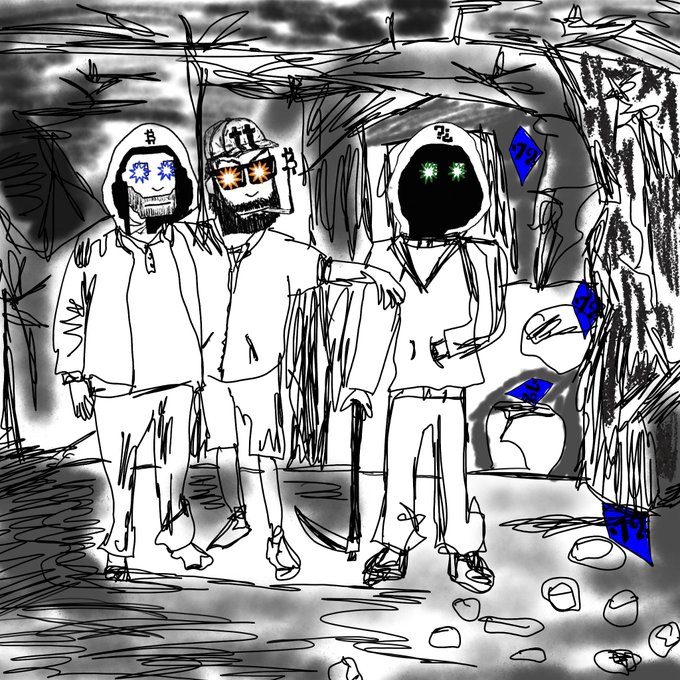 Three hooded figures with glowing digital rune eyes and cryptic symbols (ㅂ, 工, ㄓ) stand together in a sketchy grayscale mining scene, with the rightmost figure holding a pickaxe as they pose among hanging blue diamond-shaped runestones numbered 91, 78, 6, 540, and 3:5. The image humorously depicts a "SATS mining" expedition led by @OrdinalMaxiBiz, using the hooded grim reaper-like aesthetic and pickaxe to playfully personify Bitcoin Ordinals hunting as a gravedigging treasure hunt.