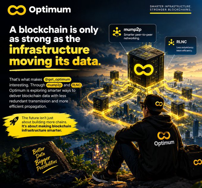 An infographic for Optimum blockchain featuring the text 'A blockchain is only as strong as the infrastructure moving its data,' highlighting 'mump2p' and 'RLNC' over a futuristic cityscape.