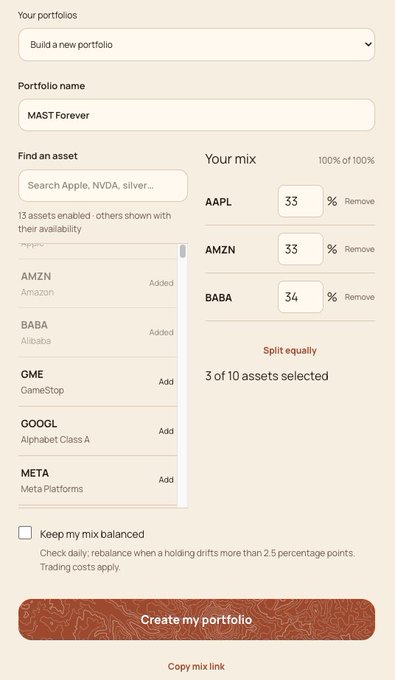 A portfolio creation interface titled "MAST Forever" showing a mix of AAPL (33%), AMZN (33%), and BABA (34%), with options to add stocks like GME, GOOGL, and META.