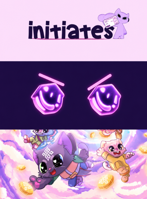 A graphic featuring the word 'initiates' in large letters above two glowing purple smartphone icons, with a bottom section showing cute cartoon characters flying among golden coins on pink clouds.