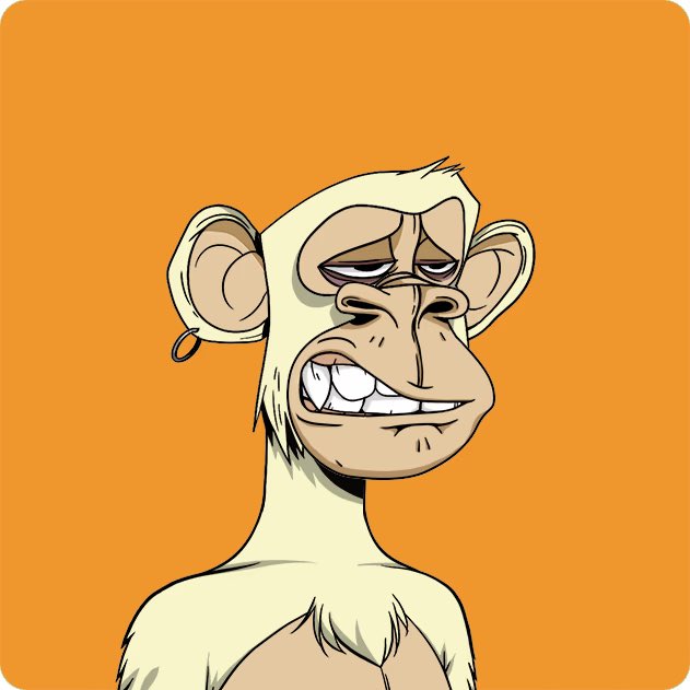 A digital drawing of a Bored Ape-style cartoon monkey with half-closed eyes and a gold earring against an orange background.