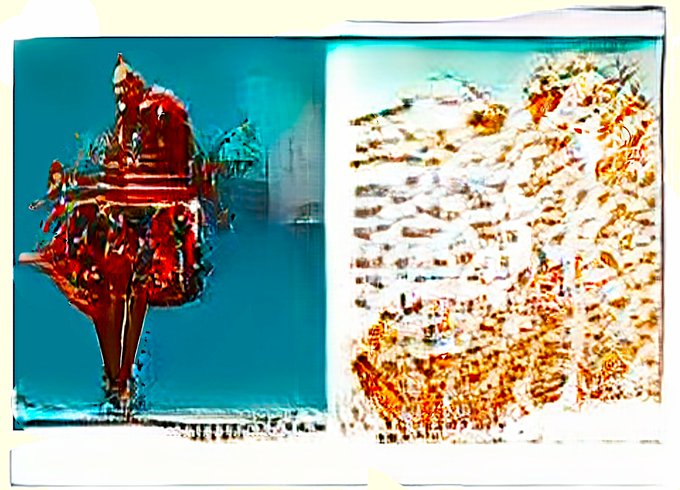 An abstract painting featuring two panels—one with a red figure against blue, and another with scattered orange and brown patterns.
