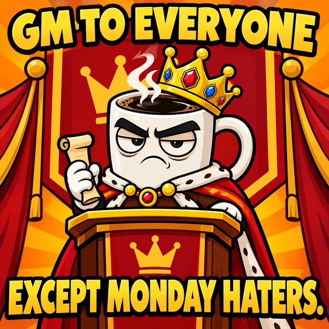 A cartoon illustration of an angry coffee mug wearing a crown and royal cape, holding a scroll, with the text 'GM TO EVERYONE EXCEPT MONDAY HATERS.'