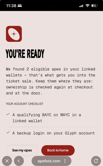 A mobile screenshot from apefest.com titled 'YOU'RE READY' with text confirming 'We found 2 eligible apes in your linked wallets' and a checklist showing a qualifying BAYC or MAYC and a backup login on the Glyph account.