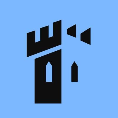 A simple logo featuring a black stylized geometric design resembling a castle or building with windows and doorways on a light blue background.