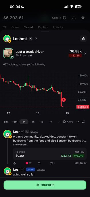 Screenshot of a mobile trading app showing a portfolio valued at $6,203.61 with a position in "Just a truck driver" (Sh*t...pump) down 22.3% to $6.88k, featuring a sharp candlestick decline on the chart and a comment from user "Loshmi" mentioning the token's community and buybacks. The image illustrates the poster's experience of watching a previously high-value memecoin holding plummet, reflecting their commentary on how quickly memecoin liquidity disappears.