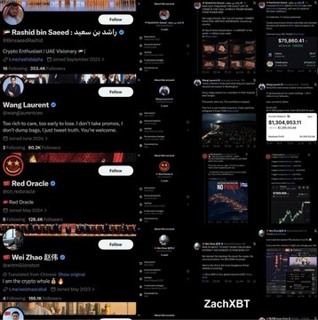 The image shows a collage of X/Twitter posts from cryptocurrency influencers (Rashid bin Saeed, Wang Laurent, Red Oracle, Wei Zhao) promoting UAE Vision 2030/legacy tokens, alongside what appears to be an on-chain analysis chart showing $1,210,403.41 and $73,880.41, with the name "ZachXBT" displayed prominently—directly tying into the accompanying post about exposing scam-promoting crypto influencers.