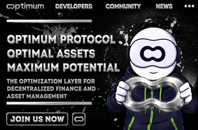 A promotional banner for Optimum Protocol, described as 'the optimization layer for decentralized finance and asset management,' featuring a cartoon character in a mask holding an infinity symbol.