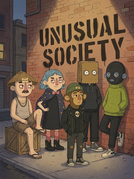An illustration of five quirky cartoon characters standing against a brick wall with graffiti reading 'UNUSUAL SOCIETY'.