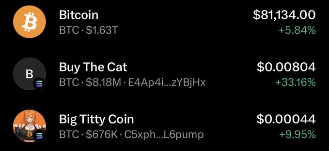 A cryptocurrency price tracker showing Bitcoin at $81,134.00 (+5.84%), alongside memecoins "Buy The Cat" at $0.00804 (+33.16%) and "Big Titty Coin" at $0.00044 (+9.95%).