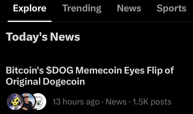 A social media news feed interface showing tabs for Explore, Trending, News, and Sports, with a 'Today's News' headline about 'Bitcoin's $DOG Memecoin Eyes Flip of Original Dogecoin' posted 13 hours ago, with 1.5K posts.