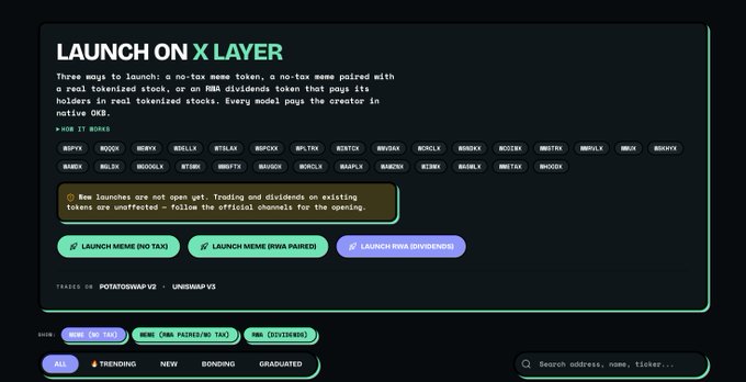 A dark-themed "LAUNCH ON X LAYER" interface displays three launch options—Meme (No Tax), Meme (RWA Paired), and RWA (Dividends)—above filters for tokens like WIFPEPE, BQQQX, and BRELLX, with a notice that new launches are not yet open. This visually supports the announcement of Stoxes launching on X Layer with those four key innovations: zero-tax meme launches, RWA-paired meme launches, dividends via RWA, and a creator-friendly fee structure.