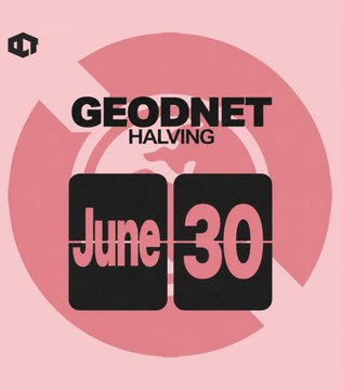 The image presents a pink background, which has a black and white clock graphic. The title of the image reads "GEODNET HALVING - JUNE 30", indicating that it is related to the month of June with a focus on the concept of halving or dividing things in half. This could be interpreted as an explanation of how cryptocurrencies are being divided, such as the doubling of transactions every few days in the case of Bitcoin. The post suggests buying back and burning assets at a rapid pace next after a recent halving event. It seems that this is a part of the cryptocurrency world where we can see various examples like the one shown here.