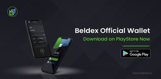 An advertisement for the 'Beldex Official Wallet' showing two mobile phones displaying the app interface, with the tagline 'Download on PlayStore Now' and a Google Play badge.
