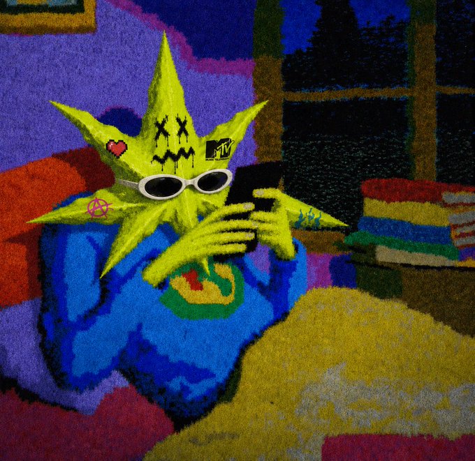 A trippy, retro-style painting of a yellow star-shaped character with sunglasses and tattoos holding a phone, reminiscent of 1990s MTV aesthetics.