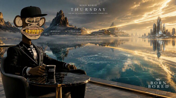 A "Born Bored" branded advertisement features the iconic Bored Ape Yacht Club character in a tuxedo sitting at a table, set against a surreal landscape with the tagline "BORN BORED THURSDAY — THE DAY THE HORIZON STARTS WALKING TOWARD YOU" and a humorous disclaimer "A FORGOTTEN COSMIC LAW. THURSDAYS ARE NOT STATURDAYS. THE ANSWER IS YOUR GREATEST BLESSING."

The image visually reinforces the post's "Win the day" message by making Thursday itself the destination, encouraging Web3 builders to channel that same forward momentum into their next move, right now.