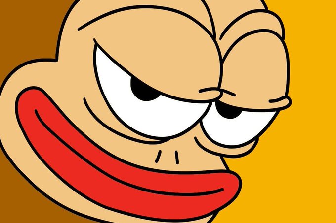 A cartoonish face with a smug expression and thick red lips is set against a yellow background.
