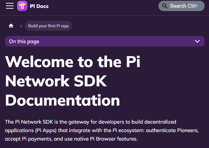 The screenshot shows the welcome page of the Pi Network SDK Documentation at docs.minepi.com, featuring the heading "Welcome to the Pi Network SDK Documentation" and introducing the SDK as a gateway for developers to build decentralized Pi Apps, authenticate Pioneers, accept Pi payments, and use native Pi Browser features. The page is part of Pi Network's new developer portal aimed at helping developers create their first Pi app.