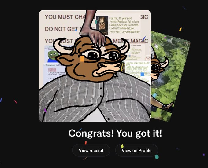 A digital interface displaying 'Congrats! You got it!' with a cartoonish brown character receiving a pat on the head, along with buttons to 'View receipt' and 'View on Profile.'