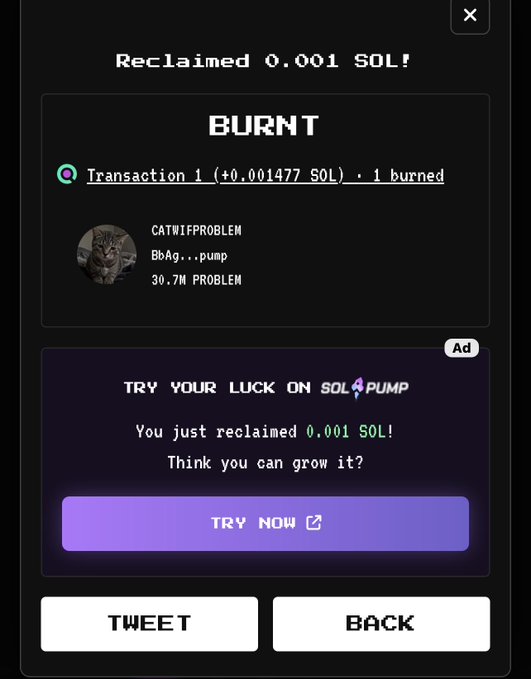A digital screen displays a 'BURNT' transaction notice showing 'Reclaimed 0.001 SOL!' with a 'TRY YOUR LUCK ON SOLPUMP' advertisement and buttons to tweet or go back.