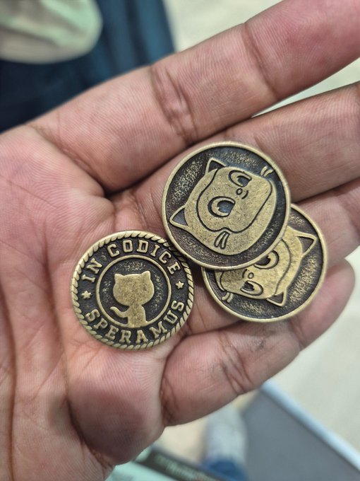 A close-up photo of a hand holding three brass Dogecoin-themed challenge coins, with one showing a Shiba Inu face and another displaying the Latin inscription 'IN CODICE SPERAMUS' (In Code We Trust).