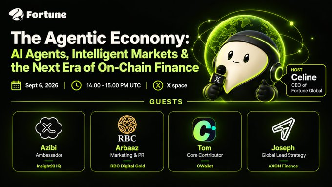 A Fortune X Space announcement for "The Agentic Economy: AI Agents, Intelligent Markets & the Next Era of On-Chain Finance," scheduled for September 6, 2026, from 14:00–15:00 UTC, hosted by Celine (CEO of Fortune Global) with guests Azibi (InsightXHQ), Arbaaz (RBC Digital Gold), Tom (CWallet), and Joseph (AXON Finance). The image ties directly to the AMA announcement, featuring the event's title, date, platform, and featured speakers.