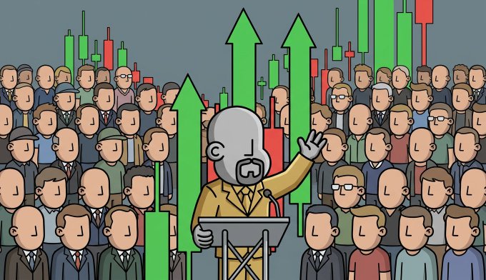 A satirical cartoon showing a gray-skinned man in a yellow suit speaking at a podium to a crowd of identical-looking people, with large green candlestick chart arrows pointing upward behind him.