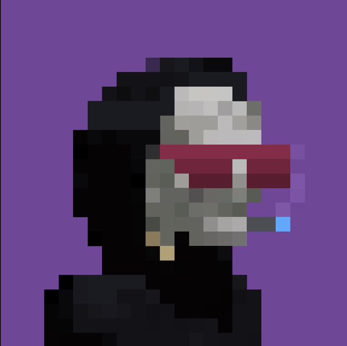 Pixel art style image showing a side profile of a face with dark hair, wearing red visor/glasses and smoking a cigarette against a purple background.