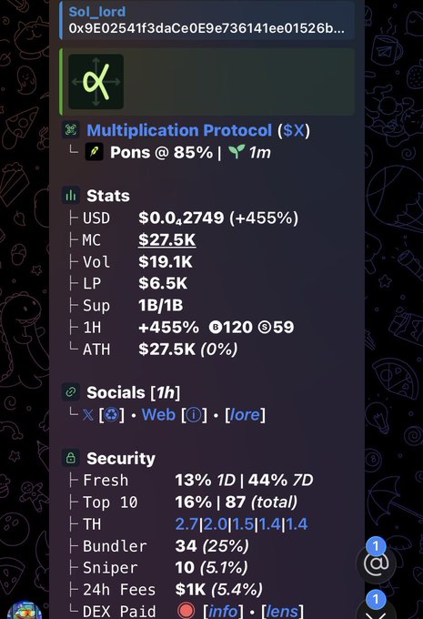 A screenshot of a crypto stats dashboard showing the token 'Sol_lord' ($X), with a market cap of $27.5K, volume of $19.1K, liquidity of $6.5K, and showing the contract address.