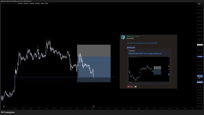 The image shows a TradingView chart of the Bitcoin perpetual contract on Binance (BTCUSDT.P) with a highlighted short entry zone, accompanied by a Telegram post from "Babyproof" sharing a short trade signal with a 2R+ result on $BTC, illustrating the post's announcement of a successful short position taken after a retest.