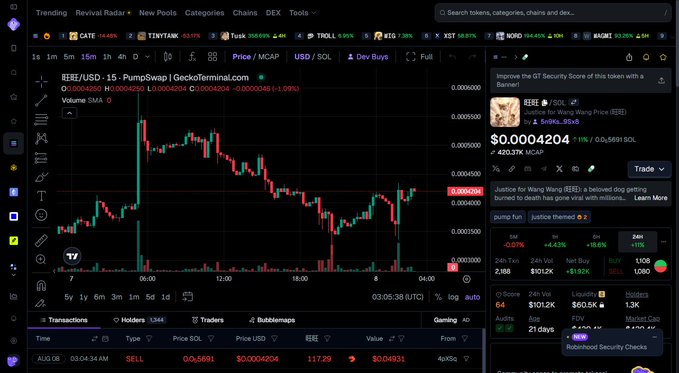 A screenshot of the DexScreener platform showing the price chart for the $EEE token on the BEE/USD pair via PumpSwap, with a current price of $0.0004204 and a GeckoTerminal security score displayed on the right.