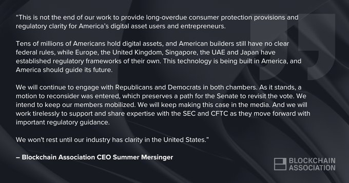 A quote from Blockchain Association CEO Summer Mersinger discusses the need for digital asset regulatory clarity in the US, noting that other countries like the UK, Singapore, UAE, and Japan have already established frameworks.