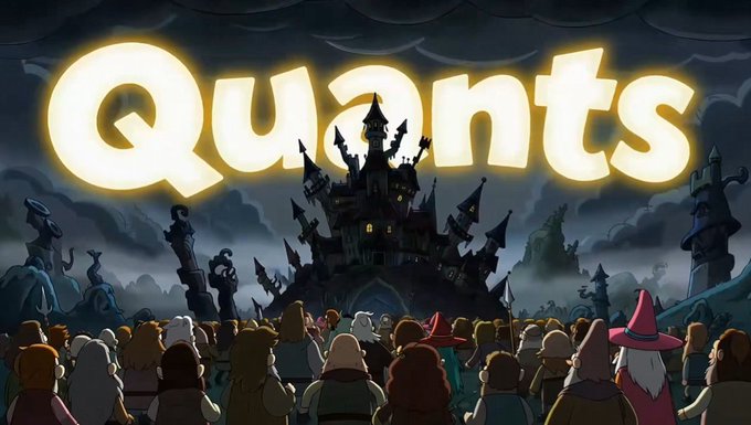 A cartoon illustration features a crowd of characters gathered before a spooky, multi-spired castle under a dark sky, with the glowing yellow word "Quants" displayed prominently at the top.