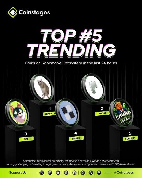 A graphic from Coinstages showing the 'Top #5 Trending' coins on the Robinhood Ecosystem in the last 24 hours, ranking $CASHCAT, $PONS, $AI, $INDEX, and $CHUMP on pedestals with a disclaimer at the bottom.
