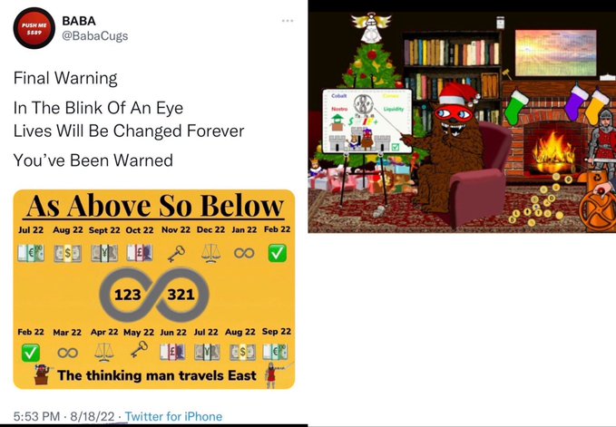 A Twitter post from @BabaCugs dated 8/18/22 displays an "As Above So Below" timeline graphic highlighting XRP-related dates between July 2022 and February 2023, with ominous text warning "Final Warning, In The Blink Of An Eye Lives Will Be Changed Forever, You've Been Warned." The accompanying image shows a Festivus celebration with a "Banana Stand" chart referencing XRP liquidity and coins, tying to the post's commentary about XRP community speculation.