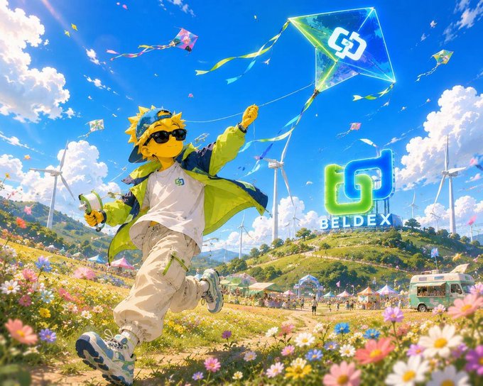 An animated illustration shows a person in a yellow cap and neon green jacket flying a kite in a vibrant flower field with wind turbines, featuring the 'BELDEX' logo.