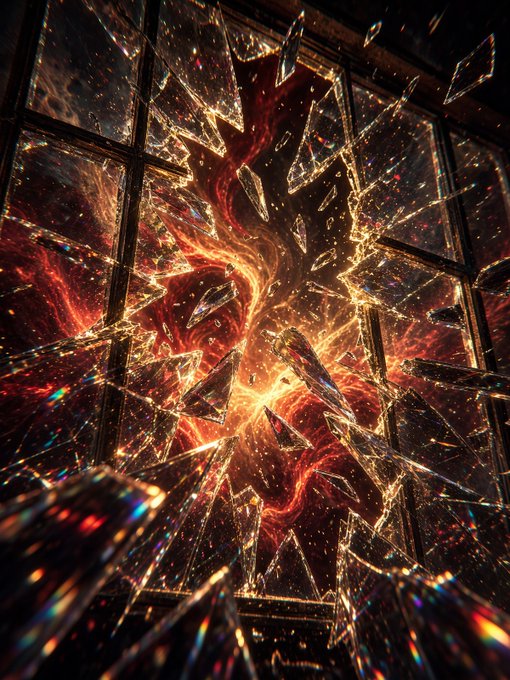 A dramatic abstract image of shattered glass with glowing red and golden energy/light emanating from the center of the cracks.