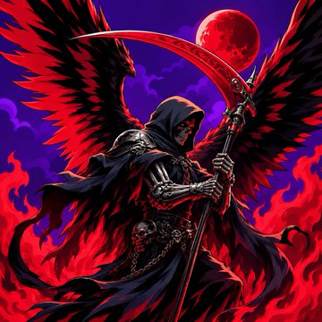 An illustration of a hooded grim reaper figure with a scythe and dark wings, set against a red moon and fiery background.
