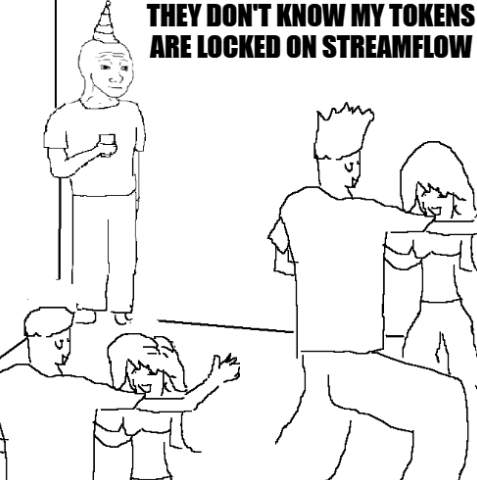 The image shows a simple line-drawing of a party scene with people dancing and a person in a party hat holding a drink, captioned "THEY DON'T KNOW MY TOKENS ARE LOCKED ON STREAMFLOW." It illustrates the post's message about remaining unbothered during market downturns—while others "panic" at the party, the holder's tokens remain safely locked on Streamflow, keeping them calm and detached from the volatility.