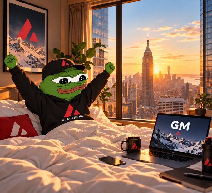 A Pepe the Frog meme character wearing an Avalanche (AVAX) cap and hoodie, sitting on a bed with arms raised triumphantly, with a laptop displaying 'GM' and a city skyline at sunset in the background.