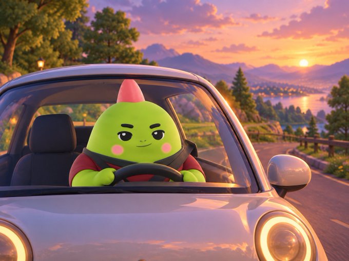A 3D-rendered illustration features a green, pear-shaped character with a pink horn driving a silver convertible car against a scenic sunset landscape.
