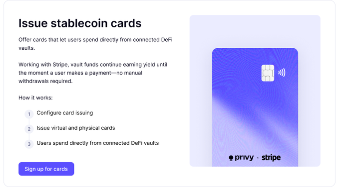 A digital advertisement titled 'Issue stablecoin cards' explains how users can spend directly from DeFi vaults, featuring a purple card illustration branded with 'privy' and 'stripe' logos.